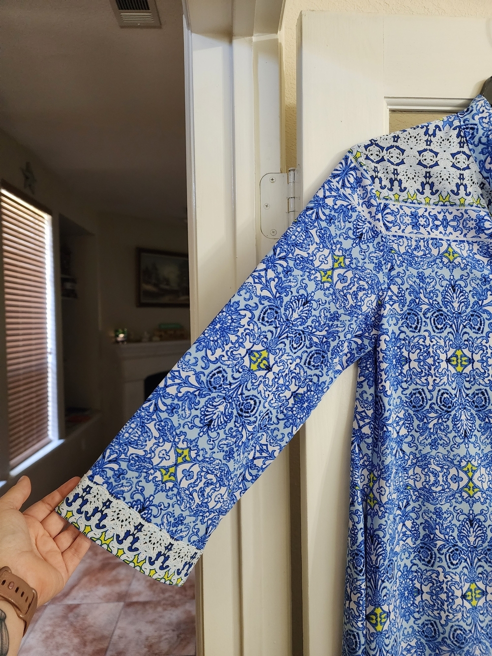 Oscar de la Renta Pink Label Blue Tile Print Caftan Lounge Dress Size Small - Picture 9 of 15